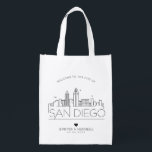 San Diego, Cali  Wedding | Stylized Skyline Grocery Bag<br><div class="desc">A unique wedding bag for a wedding taking place in the beautiful city of San Diego,  Cali.  This bag features a stylized illustration of the city's unique skyline with its name underneath.  This is followed by your wedding day information in a matching open lined style.</div>