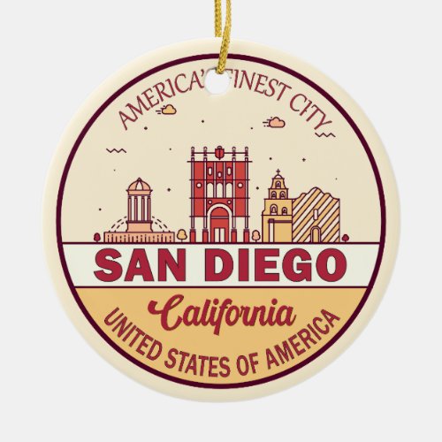 San Diego California City Skyline Emblem Ceramic Ornament