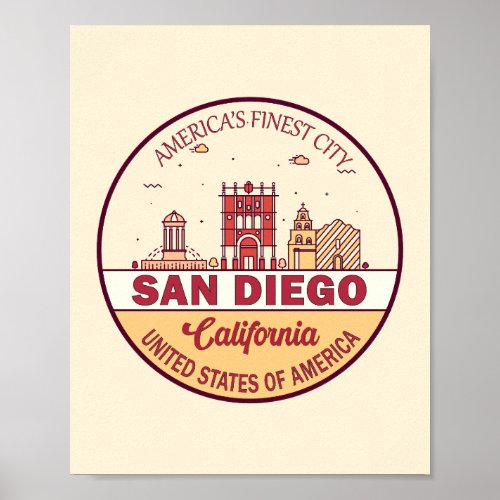 San Diego California City Skyline Emblem Poster