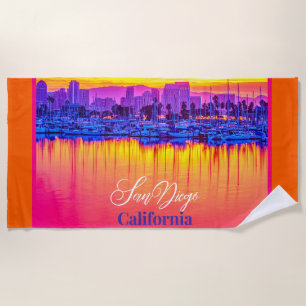 San Diego, California Neon Color - Sunset Beach Towel