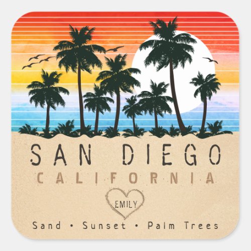 San Diego California Retro Palm trees Souvenir 60s Square Sticker