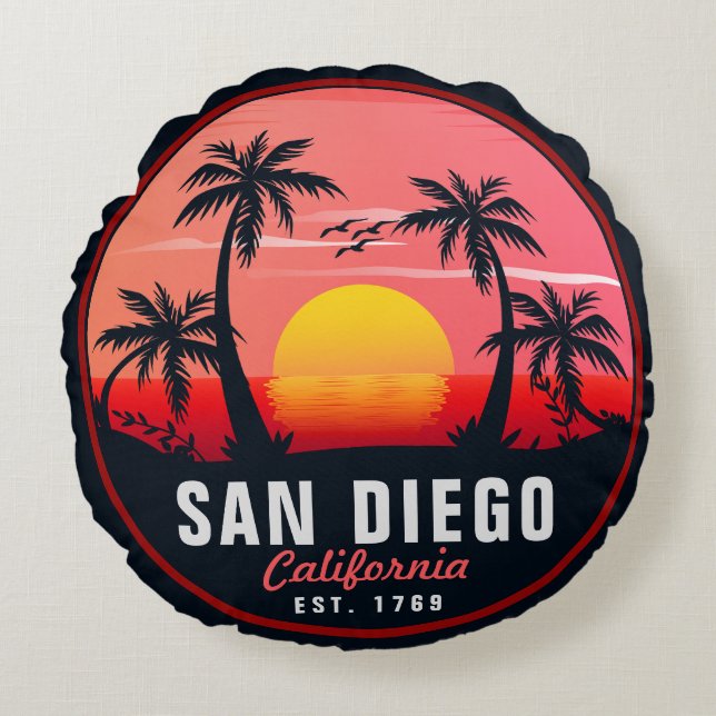 San Diego California Retro Sunset Souvenirs 60s Round Pillow (Front)
