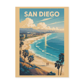 San Diego California Skyline Travel Art Vintage Postcard