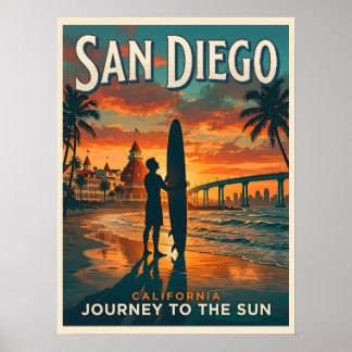 San Diego California Sunset Surf Travel Poster