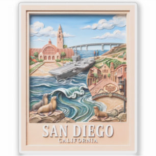 San Diego California Travel 3D Textured Landmarks Sticker