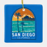 San Diego California Travel Art Vintage Ceramic Ornament<br><div class="desc">San Diego retro vector travel design of Oceanside Municipal Pier. San Diego,  California,  is a coastal paradise known for its sun-soaked beaches,  vibrant cultural scene,  and a year-round pleasant climate.</div>