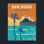 San Diego California Travel Art Vintage Postcard<br><div class="desc">San Diego retro vector travel design of Oceanside Municipal Pier. San Diego,  California,  is a coastal paradise known for its sun-soaked beaches,  vibrant cultural scene,  and a year-round pleasant climate.</div>