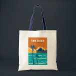 San Diego California Travel Art Vintage Tote Bag<br><div class="desc">San Diego retro vector travel design of Oceanside Municipal Pier. San Diego,  California,  is a coastal paradise known for its sun-soaked beaches,  vibrant cultural scene,  and a year-round pleasant climate.</div>