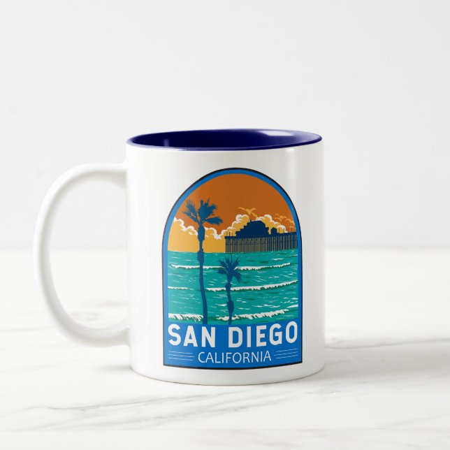 San Diego California Travel Art Vintage Two-Tone Coffee Mug (Left)
