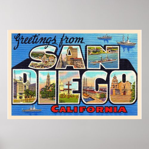 San Diego California Vintage Large Letter Postcard Poster