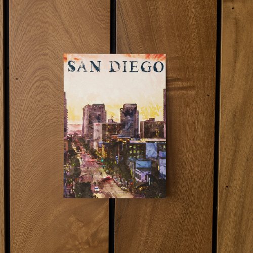 San Diego California Watercolor Sunset View Postcard