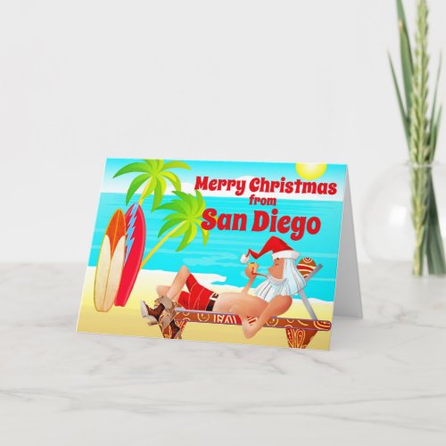 San Diego Christmas Santa and Surfboards Beach Holiday Card