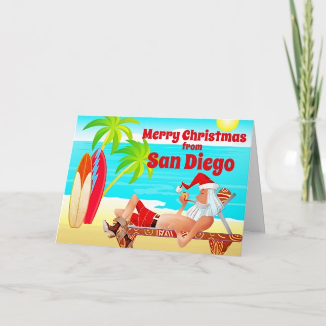 San Diego Christmas Santa and Surfboards Beach Holiday Card (Front)