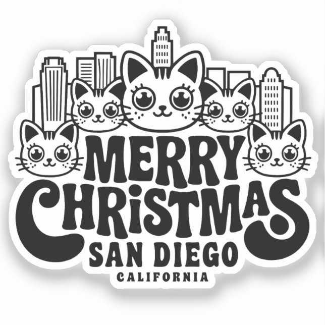 San Diego City California Merry Christmas Cats USA Sticker (Front)