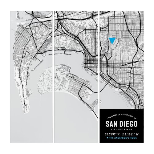 San Diego City Map  Home Location Marker Triptych