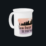 San Diego City Skyline Latitude and Longitude  Beverage Pitcher<br><div class="desc">Beverage pitcher features San Diego California city skyline silhouette with watercolor splash and latitude & longitude map coordinates</div>