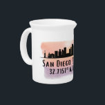 San Diego City Skyline Latitude and Longitude  Beverage Pitcher<br><div class="desc">Beverage pitcher features San Diego California city skyline silhouette with watercolor splash and latitude & longitude map coordinates</div>
