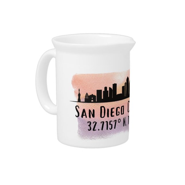 San Diego City Skyline Latitude and Longitude  Beverage Pitcher (Left)