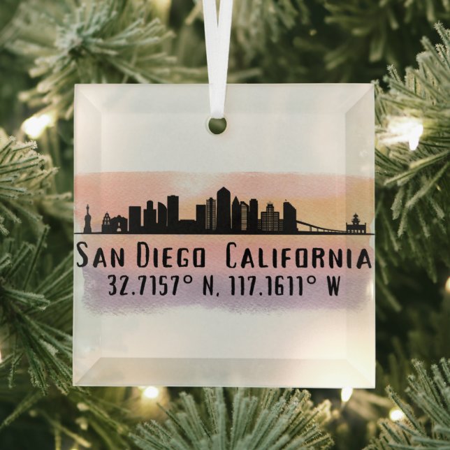 San Diego City Skyline Latitude and Longitude  Glass Ornament (Insitu)