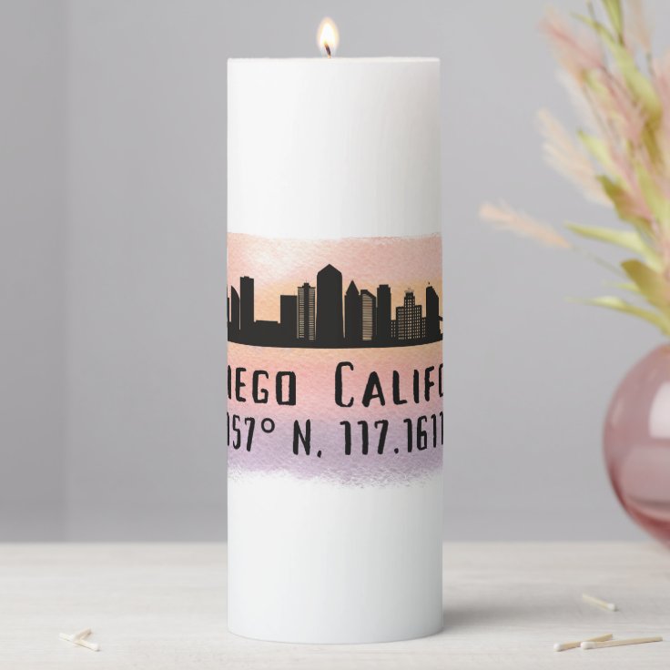 San Diego City Skyline Latitude and Longitude Pillar Candle Zazzle
