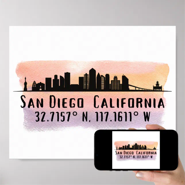 San Diego City Skyline Latitude and Longitude Poster Zazzle