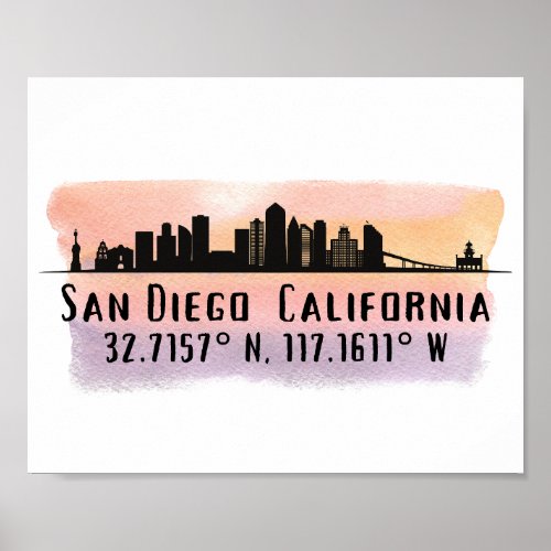 San Diego City Skyline Latitude and Longitude  Poster