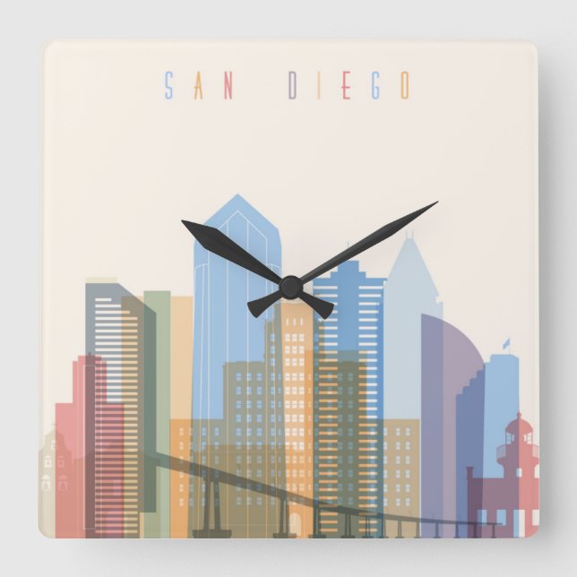 San Diego City Skyline Square Wall Clock (Front)