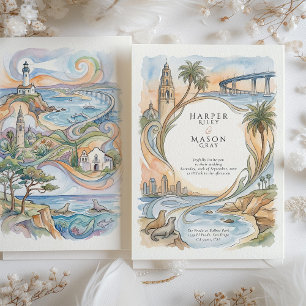 San Diego Coastal Landmarks Watercolor Wedding Invitation