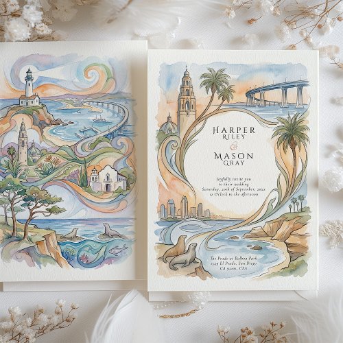 San Diego Coastal Landmarks Watercolor Wedding