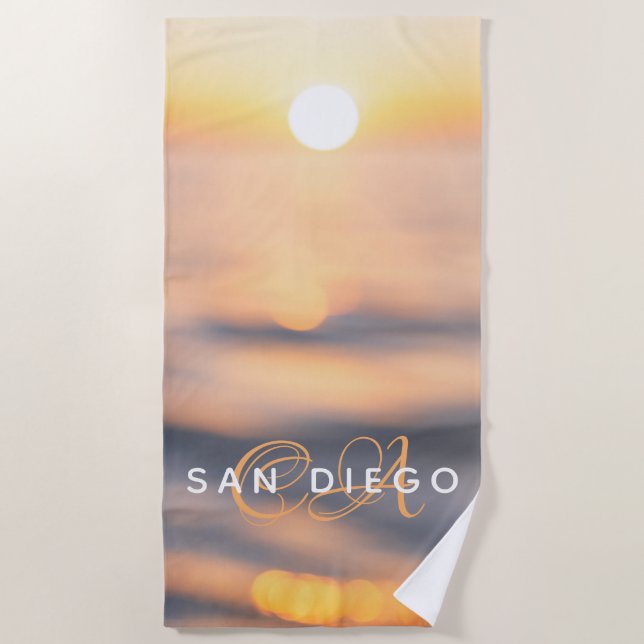 San Diego Golden Ocean Sunset Custom Beach Towel (Front)