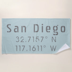 San Diego longitude and latitude Beach Towel