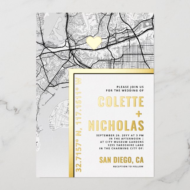 San Diego Love Locator | City Themed Wedding Foil Invitation (Front)