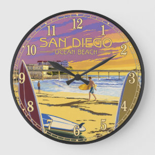 San Diego Ocean Beach Sunset Surf Large Clock