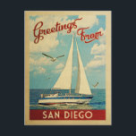 San Diego Postcard Sailboat Vintage California<br><div class="desc">This Greetings From San Diego California vintage travel nautical design features a boat sailing on the water with seagulls and a blue sky filled with gorgeous puffy white clouds.</div>