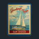 San Diego Sailboat Vintage Travel California Magnet<br><div class="desc">This Greetings From San Diego California vintage travel nautical design features a boat sailing on the water with seagulls and a blue sky filled with gorgeous puffy white clouds.</div>