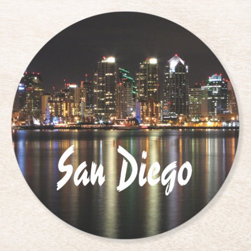San Diego Skyline at night Round Paper Coaster