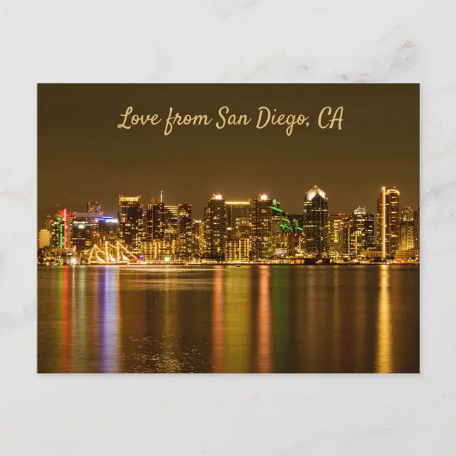 San Diego Skyline Night Travel Photo Souvenir Postcard | Zazzle