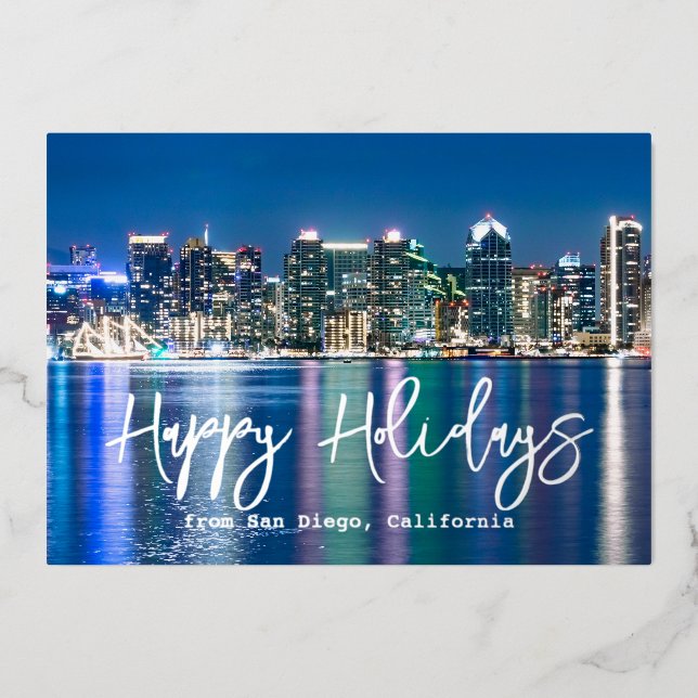 San Diego Skyline Silver Custom Family Photo Foil Holiday Card (Front)