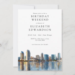 San Diego Skyline Watercolor Birthday Weekend Invitation