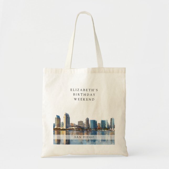 San Diego Skyline Watercolor Birthday Weekend Tote Bag (Front)