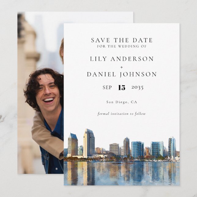 San Diego Skyline Watercolor Photo Wedding Save The Date (Front/Back)