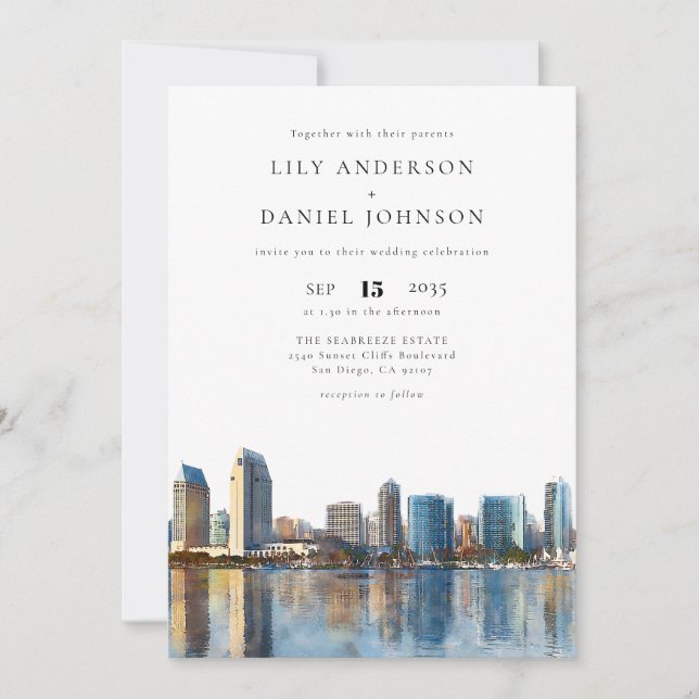 San Diego Skyline Watercolor QR Code Wedding Invitation (Front)