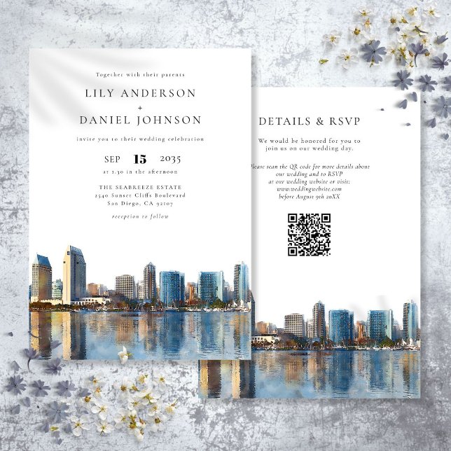 San Diego Skyline Watercolor QR Code Wedding Invitation (San Diego Skyline Watercolor QR Code Wedding Invitation)