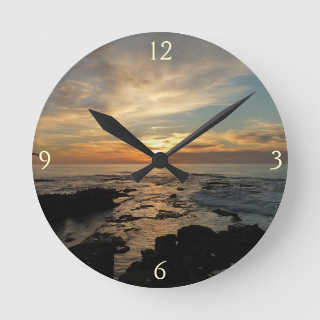San Diego Sunset I California Seascape Round Clock (Front)
