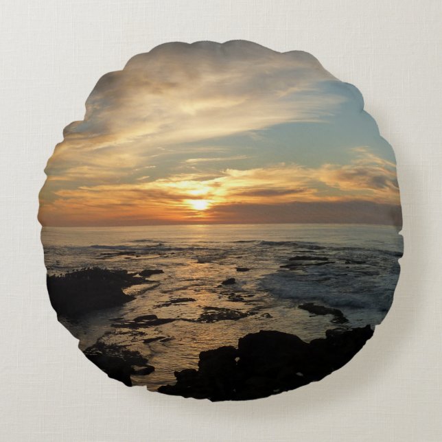San Diego Sunset I California Seascape Round Pillow (Front)