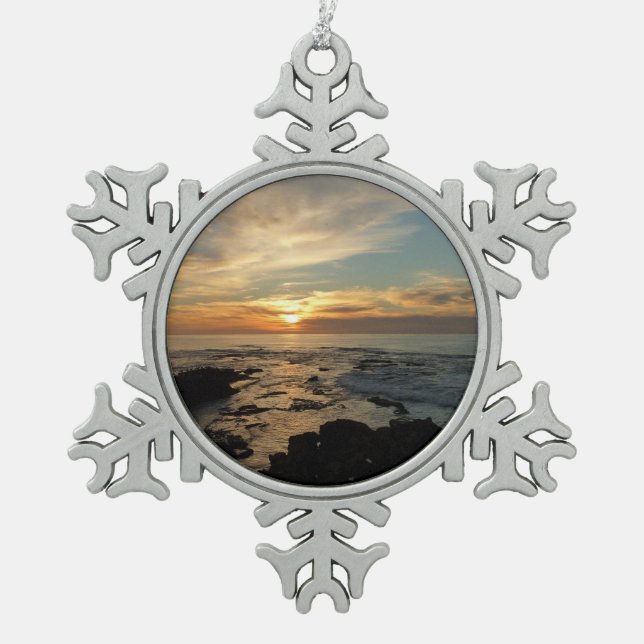 San Diego Sunset I California Seascape Snowflake Pewter Christmas Ornament (Front)