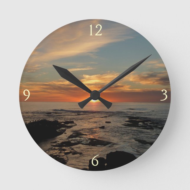San Diego Sunset II California Seascape Round Clock (Front)