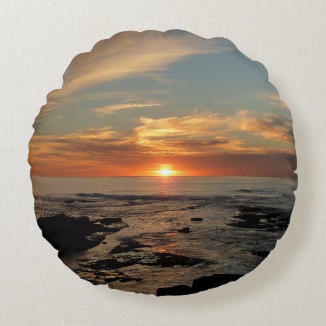 San Diego Sunset II California Seascape Round Pillow (Front)