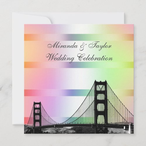 San Fran Etch Skyline 2 Pastel Rainbow SQ Wedding Invitation