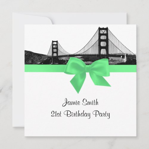 San Fran Skyline Etch BW Spring Green SQ Birthday Invitation